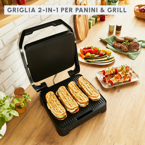 Moulinex GI272D Griglia Elettrica Inicio Adjust 2000W, Piastra Panini e Grill 2-in-1, Antiaderente, Termostato Regolabile