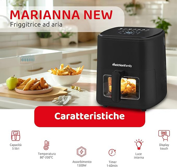 FRIGGITRICE AD ARIA Melchioni Marianna NEW 5L Air Fryer - 7 Programmi Touch Display 1500W Nero