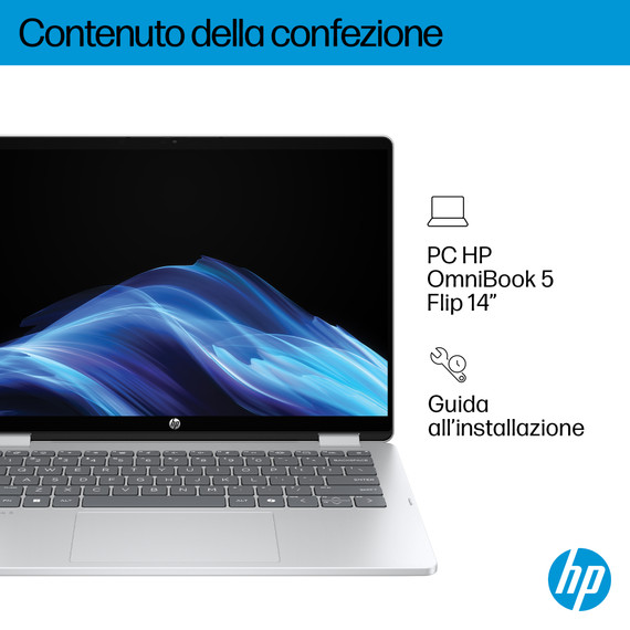 HP OmniBook 5 Flip 14-fp0008nl Intel Core 3 100U Ibrido (2 in 1) 35,6 cm (14") Touch screen 2K 8 GB LPDDR5-SDRAM 512 GB SSD Wi-Fi 6 (802.11ax) Windows 11 Home Argento