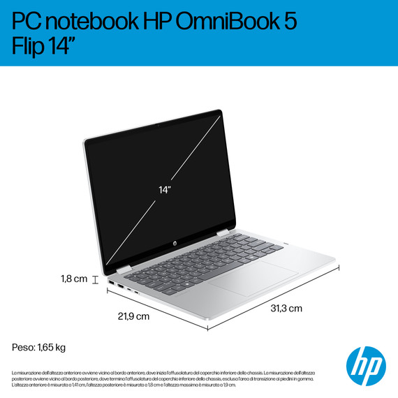 HP OmniBook 5 Flip 14-fp0008nl Intel Core 3 100U Ibrido (2 in 1) 35,6 cm (14") Touch screen 2K 8 GB LPDDR5-SDRAM 512 GB SSD Wi-Fi 6 (802.11ax) Windows 11 Home Argento