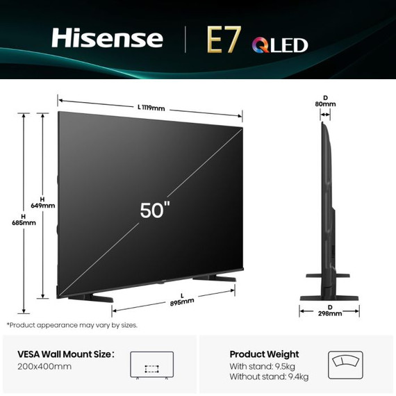 TV Hisense 50E79Q 50" QLED 4K UHD Smart VIDAA U9, Dolby Vision, HDR10, DVB-T2/S2, Game Mode, Nero