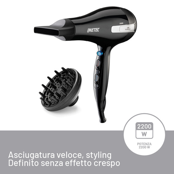 Imetec Asciugacapelli K7 2000, 2200W, Tecnoloiga a ioni, 2 velocità, 3 temperature, Colpo Aria Fredda, Convogliatore Stretto, Diffusore Professionale
