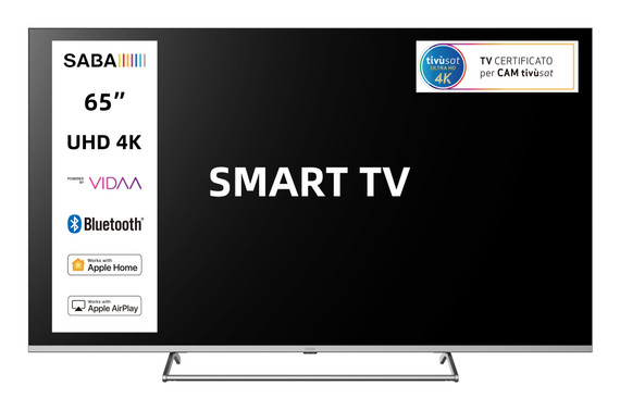 SABA SMART TV 65" ULTRA HD 4K, Sistema operativo VIDAA, Triplo ter DVBT2/C/S2 HEVC MAIN10, Certificato TivuSAT, Piedistallo centrale, Dolby Audio