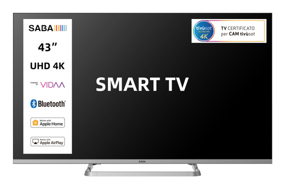 SABA SMART TV 43" FULL HD, Sistema operativo VIDAA, Triplo ter DVBT2/C/S2 HEVC MAIN10, Certificato TivuSAT, Piedistallo centrale, Dolby Audio