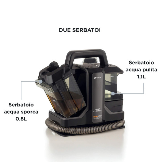 Ariete 2482 Spot Cleaner Heat Pro 750W, Pulitore per tappeti e tappezzerie,Lavatappeti, 750W, 2 serbatoi, Nero
