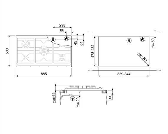 Smeg Universal SRV596GH5 piano cottura Acciaio inox Superficie piana 90 cm Gas 5 Fornello(i)