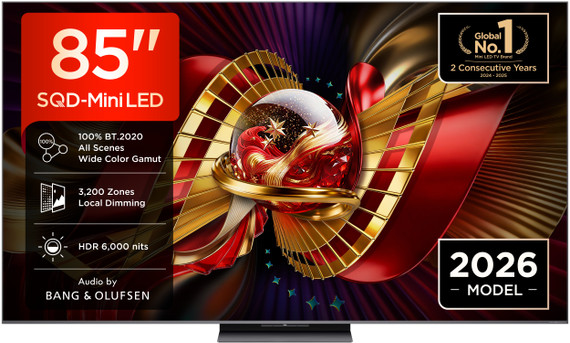TCL C8L TV 85C8L SQD Mini LED da 85", 4K HDR, 6000 nit, 3.200 zone di dimming, Google TV, 144Hz, Dolby Vision & Atmos, Audio Bang & Olufsen