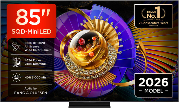 TCL C7L TV 85C7L SQD‑Mini LED da 85", 4K HDR, 3000 nit, 1.624 zone di dimming, Google TV, 144Hz, Dolby Vision & Atmos, Audio Bang & Olufsen