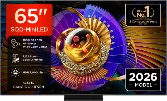 TCL C7L TV 65C7L SQD‑Mini LED da 65", 4K HDR, 3000 nit, 1.152 zone di dimming, Google TV, 144Hz, Dolby Vision & Atmos, Audio Bang & Olufsen