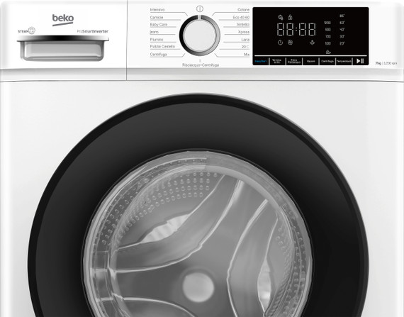 Beko b100 BMX7126DB 7kg classe A bianco, inverter 1200 giri, display XL, oblò nero, funzione vapore