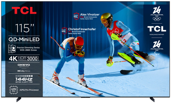 TCL Serie Smart TV QD-MiniLED 4K 115" 115C7K, 144Hz, audio Onkyo 4.2.2, Dolby Vision IQ & Atmos, Google TV