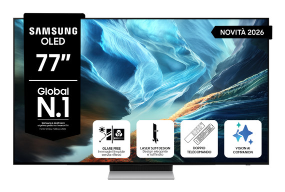 Samsung OLED AI TV 77" QE77S90HATXZT 4K, Processore NQ4 AI Gen3, 4K AI Upscaling Pro, Glare Free, OLED HDR+, Motion Xcelerator 165Hz, Dolby Atmos & OTS Lite, Laser Slim Design, Vision AI Smart TV, 2026