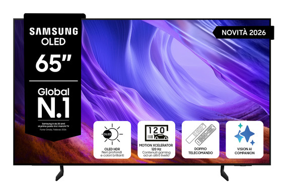 Samsung OLED AI TV 65" QE65S85H 4K, Processore NQ4 AI Gen2, 4K AI Upscaling, Schermo antiriflesso, OLED HDR, Motion Xcelerator 120Hz, Dolby Atmos & OTS Lite, Contour Design, Vision AI Smart TV, 2026