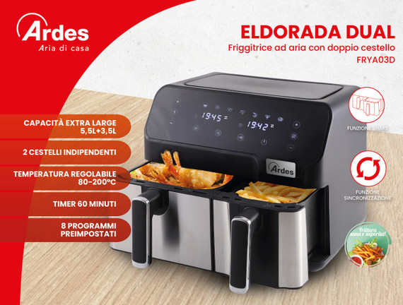 Ardes ARFRYA03D friggitrice Doppia 9 L Indipendente Friggitrice ad aria calda Nero, Acciaio inox
