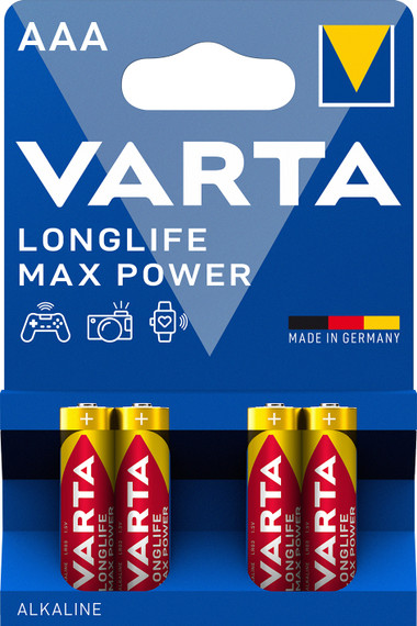 Varta Longlife Max Power, Batteria Alcalina, AAA, Micro, LR03, 1.5V, Blister da 4, Made in Germany