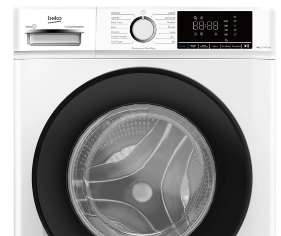 Beko b100 BMX8126DB 8kg classe A bianco, inverter 1200 giri, display XL, oblò nero, vapore