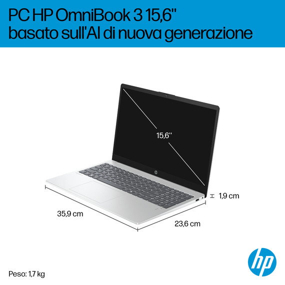 HP OmniBook 3 Laptop Next Gen AI 15-fn0012nl Copilot+ PC AMD Ryzen AI 5 330 Computer portatile 39,6 cm (15.6") Full HD 24 GB DDR5-SDRAM 1 TB SSD Wi-Fi 6 (802.11ax) Windows 11 Home Argento