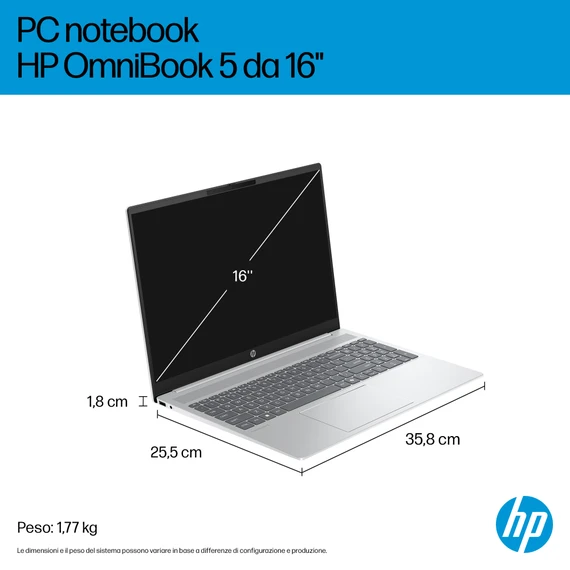 HP OmniBook 5 LaptopAI 16-af1003nlx Intel Core Ultra 5 225U Computer portatile 40,6 cm (16") 2K 16 GB LPDDR5x-SDRAM 512 GB SSD Wi-Fi 6 (802.11ax) Windows 11 Home AI PC Argento