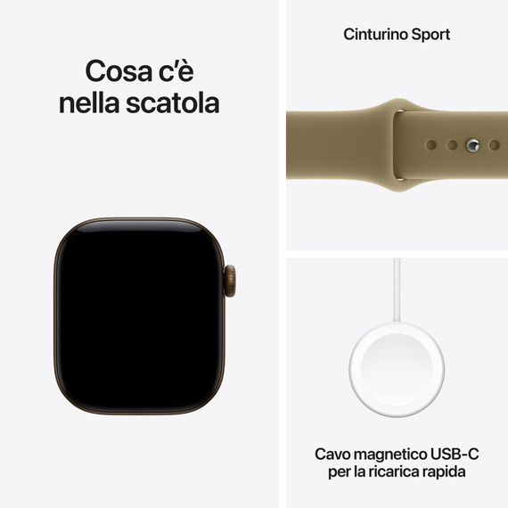 Apple Watch Series 12 GPS, cassa 42 mm in alluminio color bronzo scuro con cinturino Sport oliva - S/M