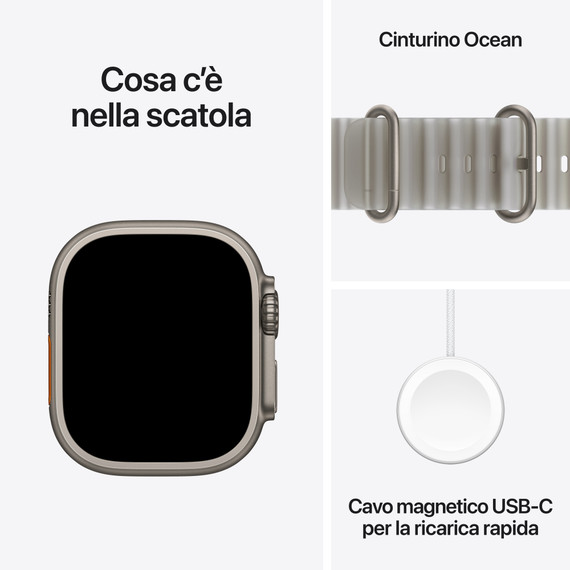 Apple Watch Ultra 4 GPS + Cellular, Cassa 49 mm in titanio naturale con cinturino Ocean grigio traslucido