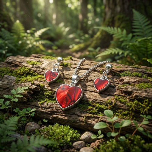 Tide Jewellery inlaid red Paua shell  Heart pendant  pendant and earring set