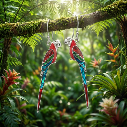 Tide Jewellery inlaid red Paua shell perched Macaw hook earrings