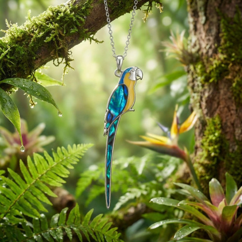 Tide Jewellery inlaid yellow Paua shell perched Macaw pendant