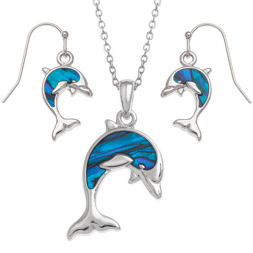 Tide Jewellery inlaid Paua shell Blue dolphin pendant and earring set