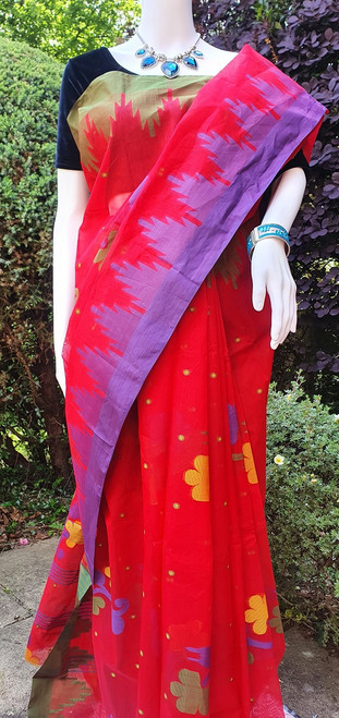 Red with Lime Green and Purple border Monipuri Tant Saree