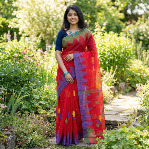 Red with Lime Green and Purple border Monipuri Tant Saree