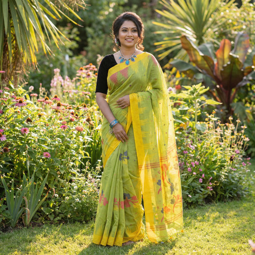Light Green with Yellow and Orange border Monipuri Tant Saree