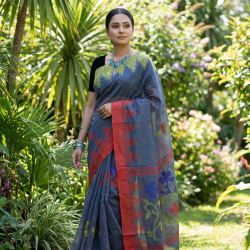 Royal Blue with Green and Maroon border Monipuri Tant Saree