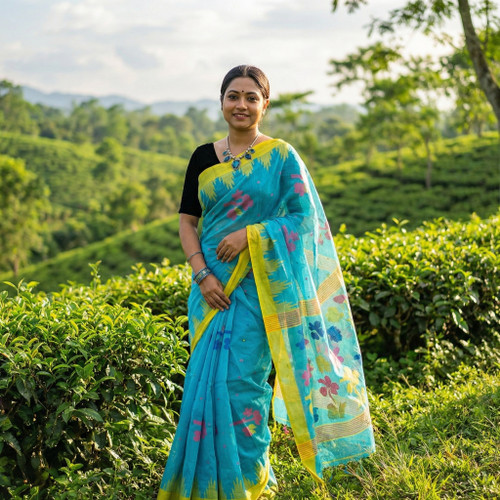 Sky Blue with Yellow and Pink border Monipuri Tant Saree