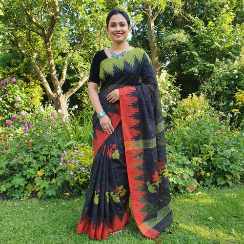 Black with Green and Maroon border Monipuri Tant Saree