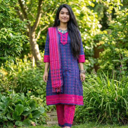 Navy Blue and Pink Monipuri Salwar Kameez - Small