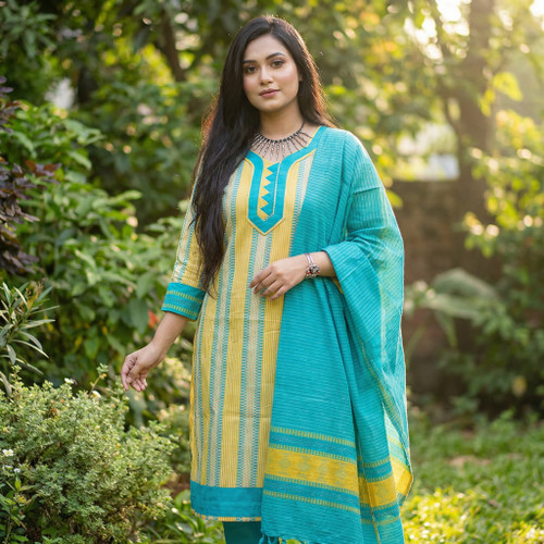 Yellow and Sky Blue Monipuri Salwar Kameez - XLarge