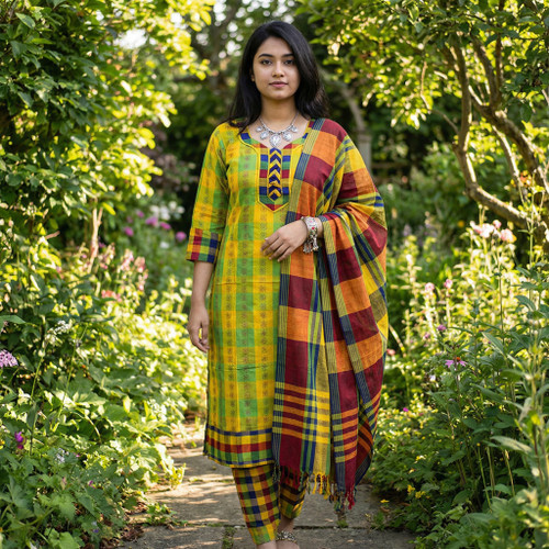 Green and Yellow Monipuri Salwar Kameez - Large