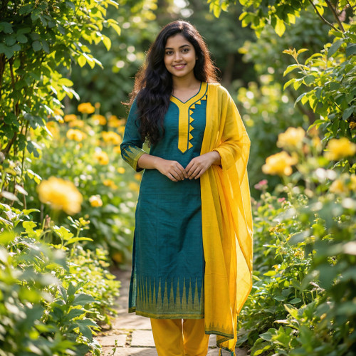 Dark Green and Yellow Monipuri Salwar Kameez - Large