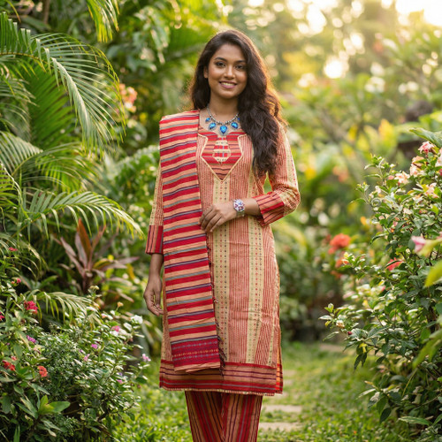 Light Yellow and Magenta Monipuri Salwar Kameez - Medium