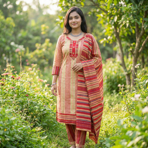 Light Yellow and Magenta Monipuri Salwar Kameez - Small