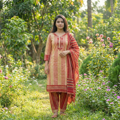 Light Yellow and Magenta Monipuri Salwar Kameez - XLarge