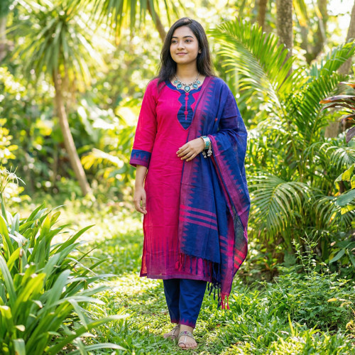 Magenta and Navy Blue Monipuri Salwar Kameez - Medium