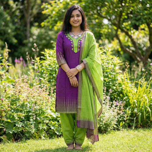 Purple and Lime Green Monipuri Salwar Kameez - Small