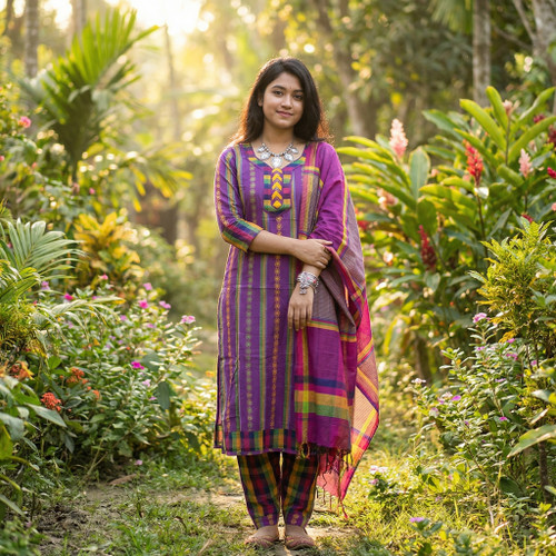 Magenta and Multi Colour Monipuri Salwar Kameez - Large