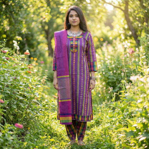 Magenta and Multi Colour Monipuri Salwar Kameez - XXLarge