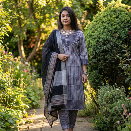 Grey and Black Striped Monipuri Salwar Kameez -  Medium