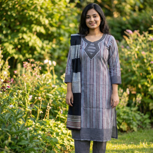 Grey and Black Striped Monipuri Salwar Kameez - Medium