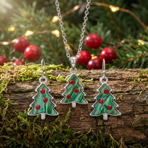 Tide Jewellery inlaid blue Paua shell Christmas tree design pendant and earring set