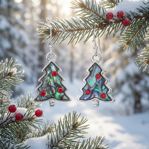 Tide Jewellery inlaid blue Paua shell Christmas tree design earrings