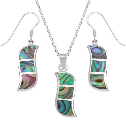 Tide Jewellery 925 Silver inlaid blue Paua shell wave design pendant and earring set